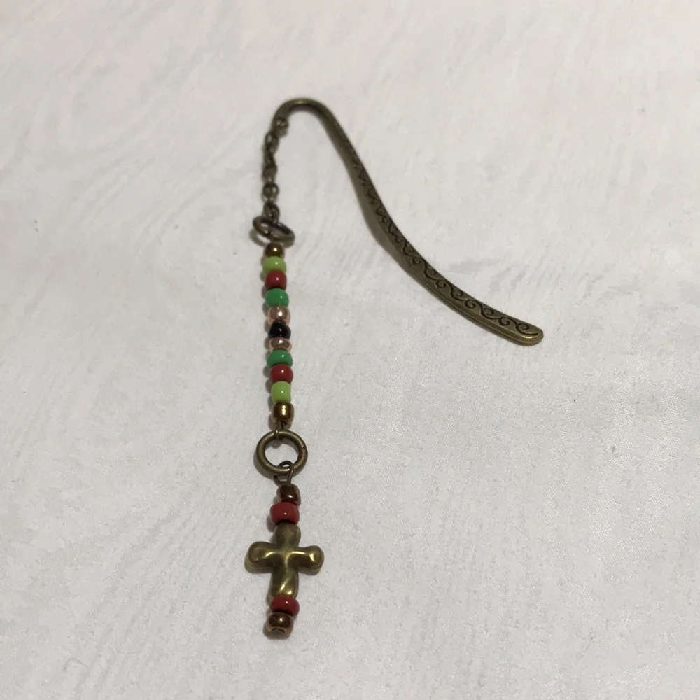 Metal Shepherd's Hook Bookmark w/Chain, Metal Cross Bead, & Glass Seed Beads